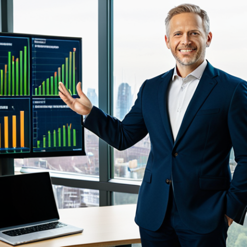 Home 18 A professional environmental consultant, fully clothed in a modest business suit, standing confidently in a modern, sustainable office. The background features a large window showcasing a city skyline integrating green infrastructure, with subtle digital displays of clean energy data. safe for work, appropriate content, professional, perfect anatomy, correct proportions, natural pose, well-formed hands, proper finger count, natural body proportions, high-quality photograph, realistic.