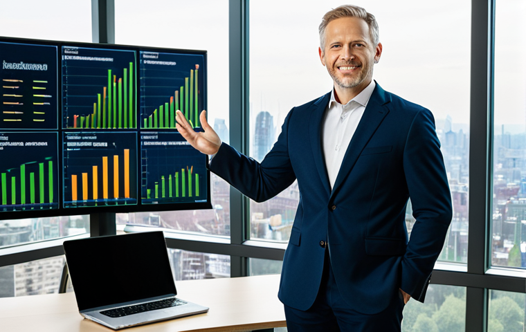 A professional environmental consultant, fully clothed in a modest business suit, standing confidently in a modern, sustainable office. The background features a large window showcasing a city skyline integrating green infrastructure, with subtle digital displays of clean energy data. safe for work, appropriate content, professional, perfect anatomy, correct proportions, natural pose, well-formed hands, proper finger count, natural body proportions, high-quality photograph, realistic.