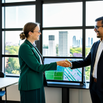 A group of four diverse environmental health professionals, fully clothed in modest, professional business attire, actively collaborating in a sunlit, modern "green" office. The background features sustainable design elements, such as large windows overlooking a vibrant city park and subtle indoor greenery. They are gathered around a large digital display showing a clean energy grid simulation or an urban sustainability plan. The scene conveys innovation and teamwork, with natural poses, perfect anatomy, correct proportions, well-formed hands, and proper finger count. This is a high-quality professional photograph, appropriate content, safe for work, and family-friendly.