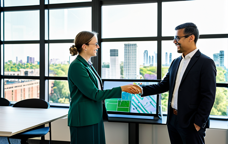 A group of four diverse environmental health professionals, fully clothed in modest, professional business attire, actively collaborating in a sunlit, modern "green" office. The background features sustainable design elements, such as large windows overlooking a vibrant city park and subtle indoor greenery. They are gathered around a large digital display showing a clean energy grid simulation or an urban sustainability plan. The scene conveys innovation and teamwork, with natural poses, perfect anatomy, correct proportions, well-formed hands, and proper finger count. This is a high-quality professional photograph, appropriate content, safe for work, and family-friendly.