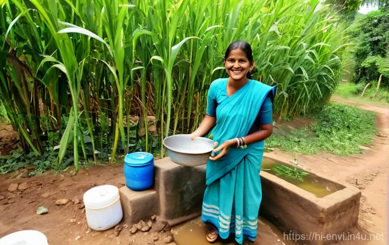 환경보건기사 실무 경험 공유 - **Prompt:** A heartwarming and vibrant scene in a rural Indian village. An environmental engineer, a...