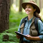 환경 직업군별 업무 사례 - A dedicated female wildlife biologist, in her late 20s, with a gentle smile, meticulously observing ...