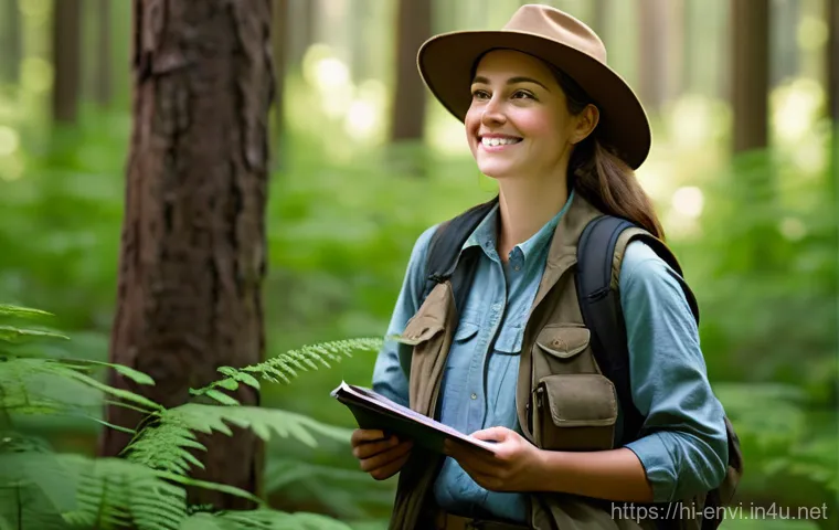 환경 직업군별 업무 사례 - A dedicated female wildlife biologist, in her late 20s, with a gentle smile, meticulously observing ...