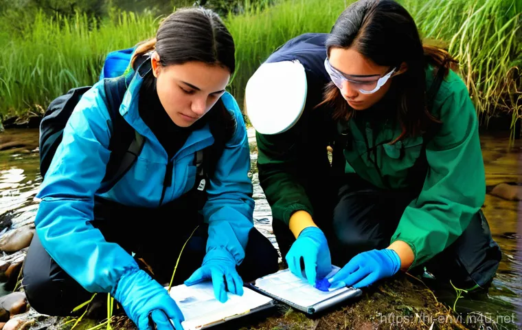 환경관리 실기 합격 팁 - Prompt 1: Dedicated Students Conducting Water Quality Fieldwork**