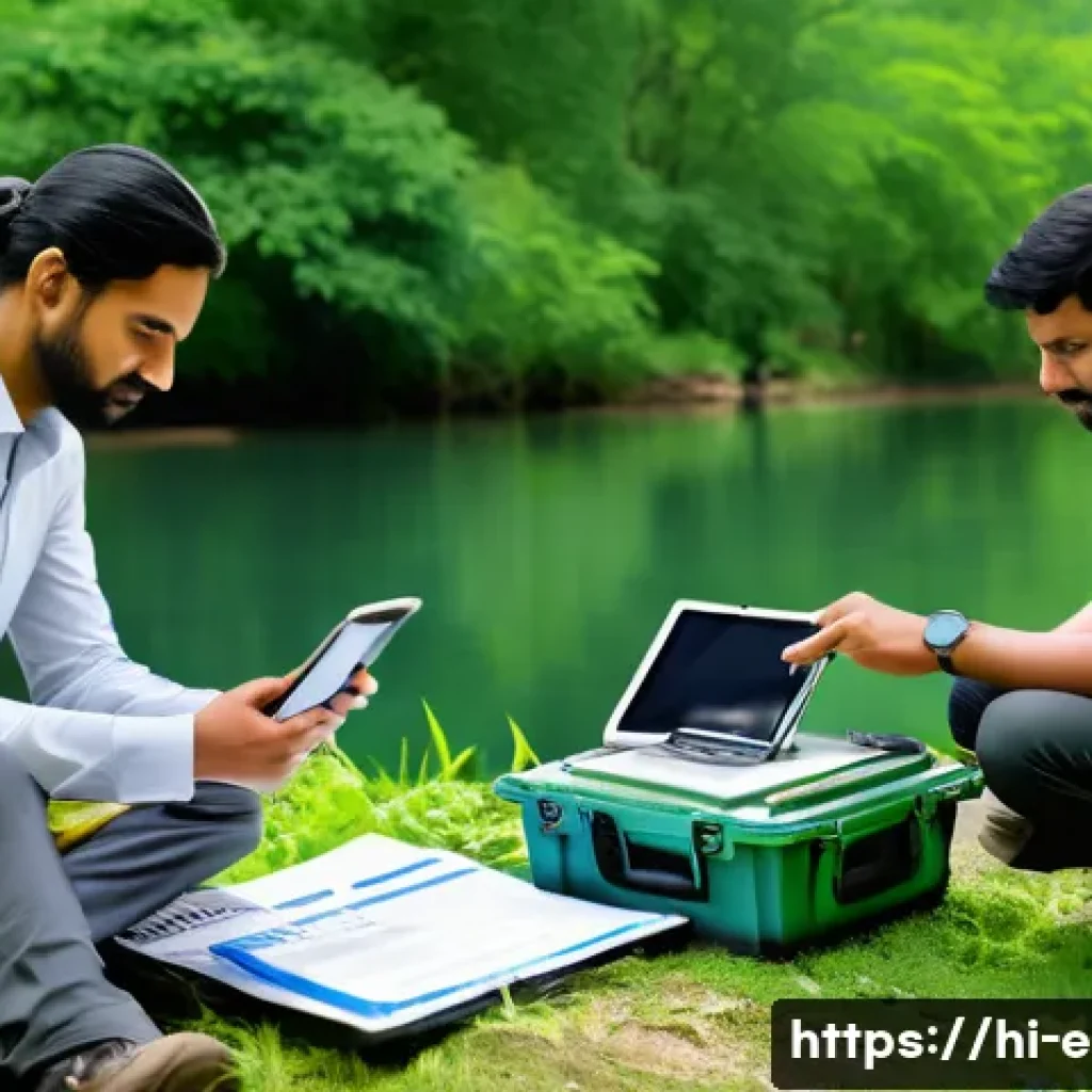 환경 관련 업무 일지 작성법 - A detailed environmental field data collection scene featuring a diverse team of Hindi-speaking prof...