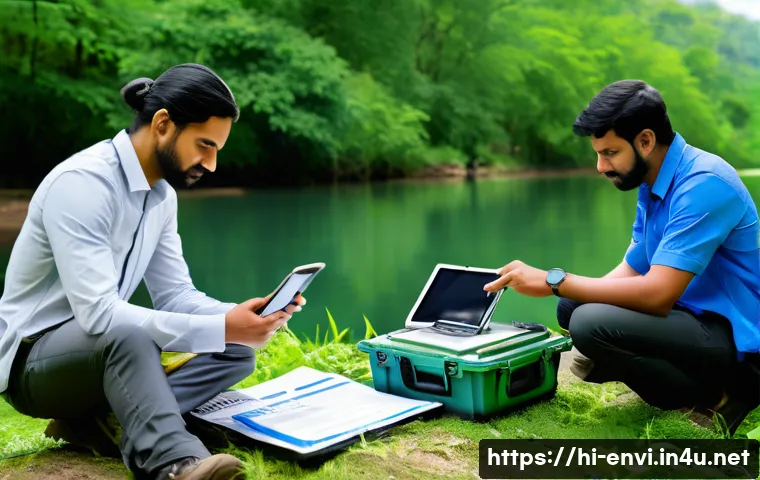 환경 관련 업무 일지 작성법 - A detailed environmental field data collection scene featuring a diverse team of Hindi-speaking prof...