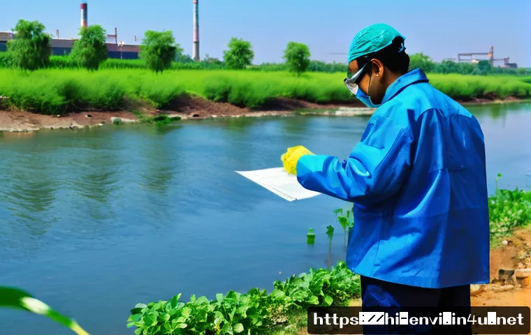 환경기술사 자격증 추천 이유 - A professional environment technician in protective workwear and safety glasses, analyzing water sam...
