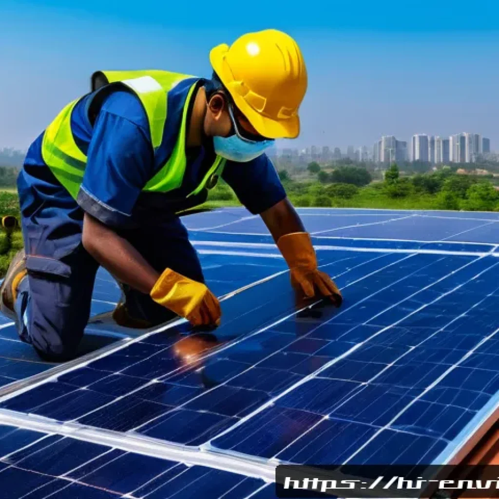 환경직 채용 시장 현황 - A detailed scene of an environmental engineer installing solar panels on a rooftop under bright dayl...