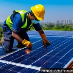 Home 22 환경직 채용 시장 현황 - A detailed scene of an environmental engineer installing solar panels on a rooftop under bright dayl...