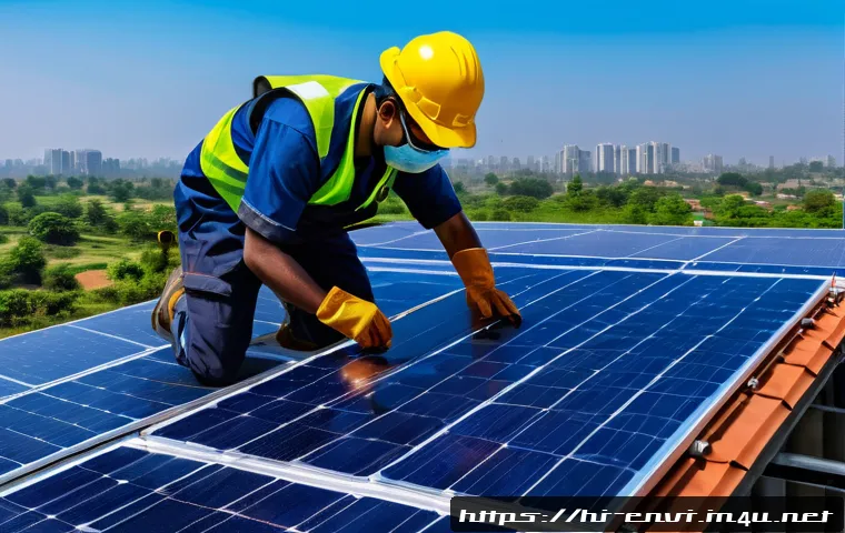 환경직 채용 시장 현황 - A detailed scene of an environmental engineer installing solar panels on a rooftop under bright dayl...