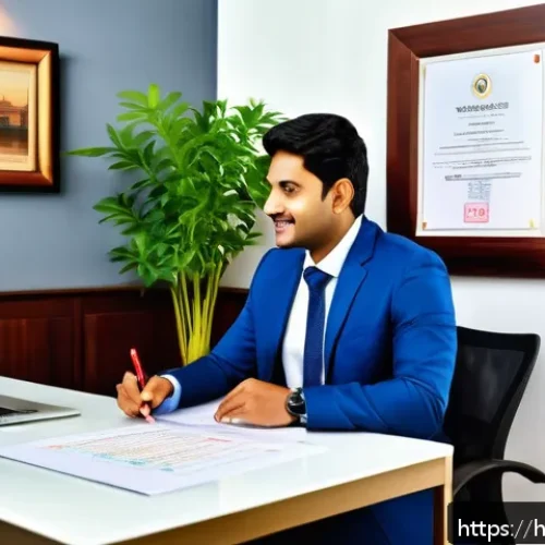 Home 33 환경산업기사 연봉 협상 성공법 - A professional Indian office setting with a confident Hindi-speaking employee presenting detailed pr...