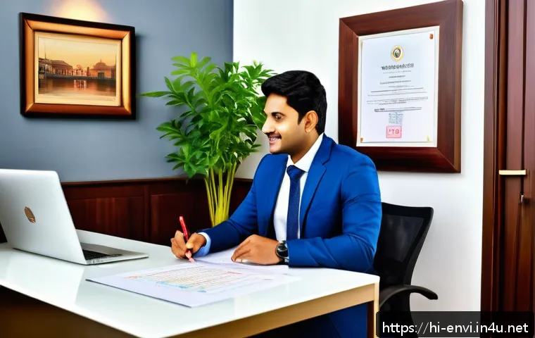 환경산업기사 연봉 협상 성공법 - A professional Indian office setting with a confident Hindi-speaking employee presenting detailed pr...