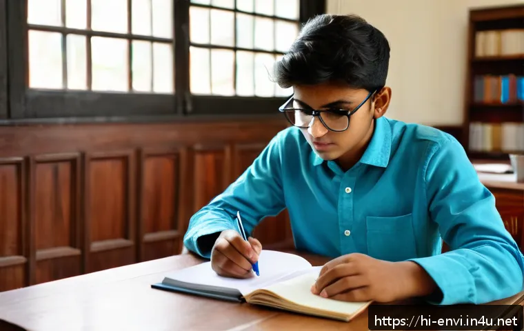 환경직 취업 성공 사례 - A focused study environment showing a young Indian student preparing for an environmental government...