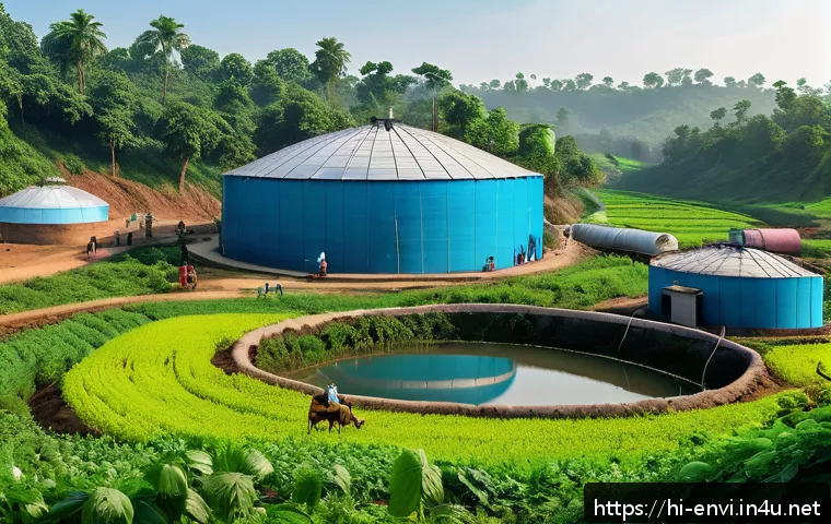 환경 기술사의 업무 사례 - A vibrant rural Indian village scene showcasing a biogas plant setup where organic kitchen and agric...