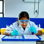 Home 23 환경보건 실기 준비 사례 - A detailed laboratory scene showing a young Hindi-speaking student wearing safety goggles and gloves...