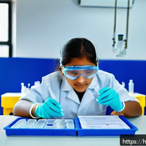 Home 17 환경보건 실기 준비 사례 - A detailed laboratory scene showing a young Hindi-speaking student wearing safety goggles and gloves...
