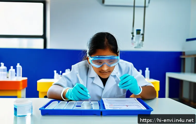 환경보건 실기 준비 사례 - A detailed laboratory scene showing a young Hindi-speaking student wearing safety goggles and gloves...