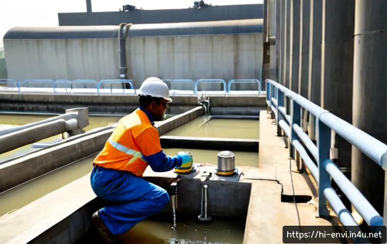 Home 17 환경산업기사 실무 사례 - Photorealistic environmental engineering field inspection at a modern wastewater treatment facility ...